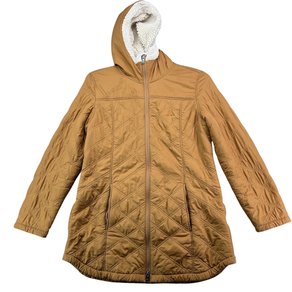 Prana Womens Quilted Sherpa Lined Hooded Jacket Brown Copper LRG 1962151